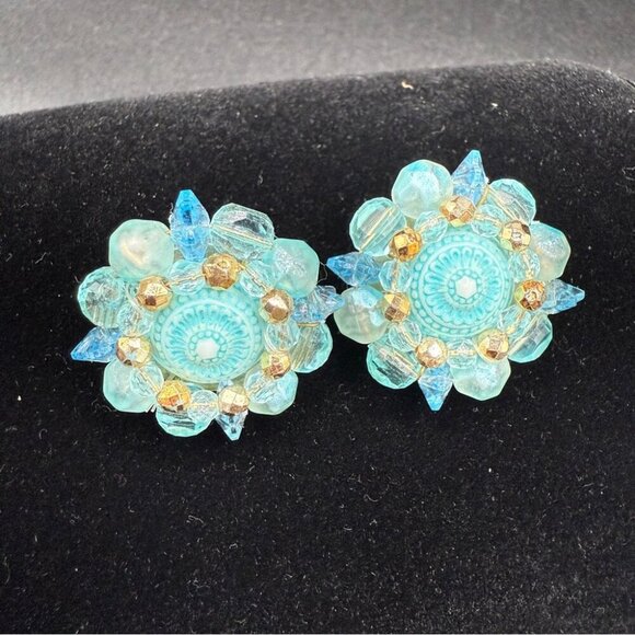Vintage West Germany Signed 1950s Blue Cluster Earrings - Clip On - Picture 2 of 9